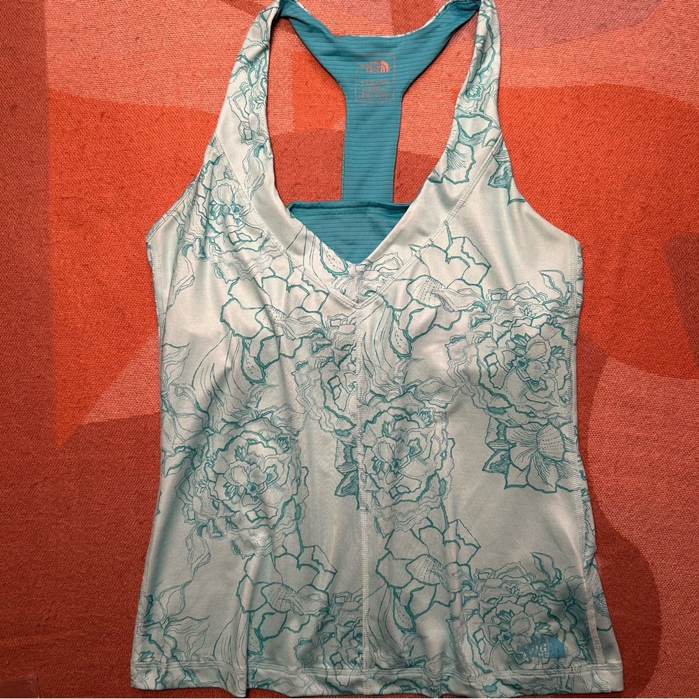 Teal blue floral print North Face tank top w built in support, M